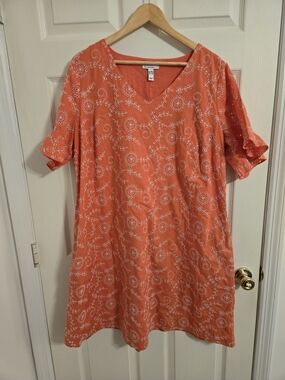 Isaac Mizrahi Coral V-Neck White Eyelet Cotton Short Dress Size 22W Pockets